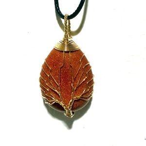 Tree of Life Goldstone Pendant Necklace w/ Black Cord – Wire Wrapped